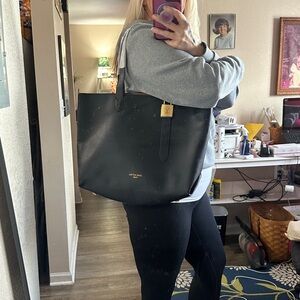 Black Leather Tote with Gold Padlock Accent